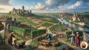 Panoramic view of flourishing European landscape during the Medieval Climate Optimum, showing expanded agriculture, vineyards in northern regions, and prosperous settlements under favorable climate conditions - www.myrty.eu