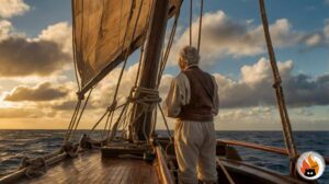 An experienced sailor attentively observes weather changes on the high seas at sunset - www.myrty.eu