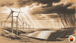 Modern wind turbines and solar panels operating under dramatic weather conditions with storm clouds and piercing sunlight rays - www.myrty.eu