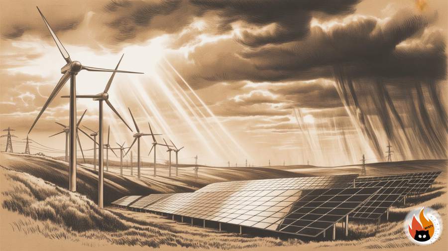 Modern wind turbines and solar panels operating under dramatic weather conditions with storm clouds and piercing sunlight rays - www.myrty.eu