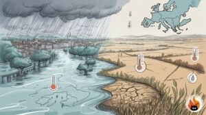 Artistic sketch: flooding and drought in contrasting European landscapes, www.myrty.eu - www.myrty.eu