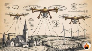 Futuristic network of autonomous meteorological drones over urban landscape with data visualisation and weather forecasting technology - www.myrty.eu