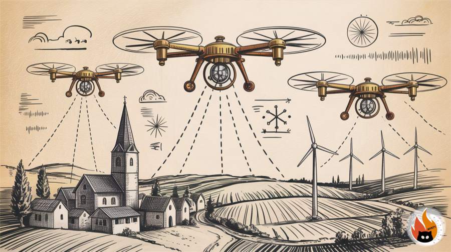 Futuristic network of autonomous meteorological drones over urban landscape with data visualisation and weather forecasting technology - www.myrty.eu