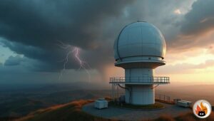 Advanced dual-polarisation weather radar dome with surrounding rural landscape during approaching storm, www.myrty.eu - www.myrty.eu
