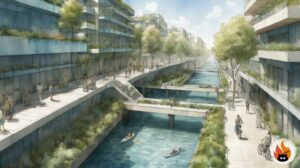 Illustration of sustainable urban planning with cooling effects through water management systems and greenery, www.myrty.eu - www.myrty.eu