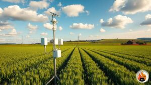 Modern weather station in a green field with sensors and solar panel, surrounded by crops under a blue cloudy sky - www.myrty.eu