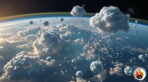 Microscopic view of water droplets forming and condensing in the atmosphere, showing visible condensation nuclei and vapour molecules - www.myrty.eu
