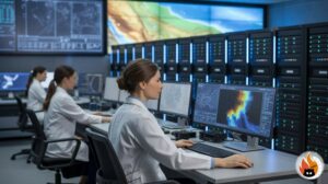Modern supercomputer facility for numerical weather prediction with complex data visualisations and atmospheric models displayed on multiple screens - www.myrty.eu