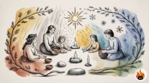 Traditional weather rituals from various cultures depicted through symbolic elements like candles, crystals and natural objects under different weather conditions - www.myrty.eu