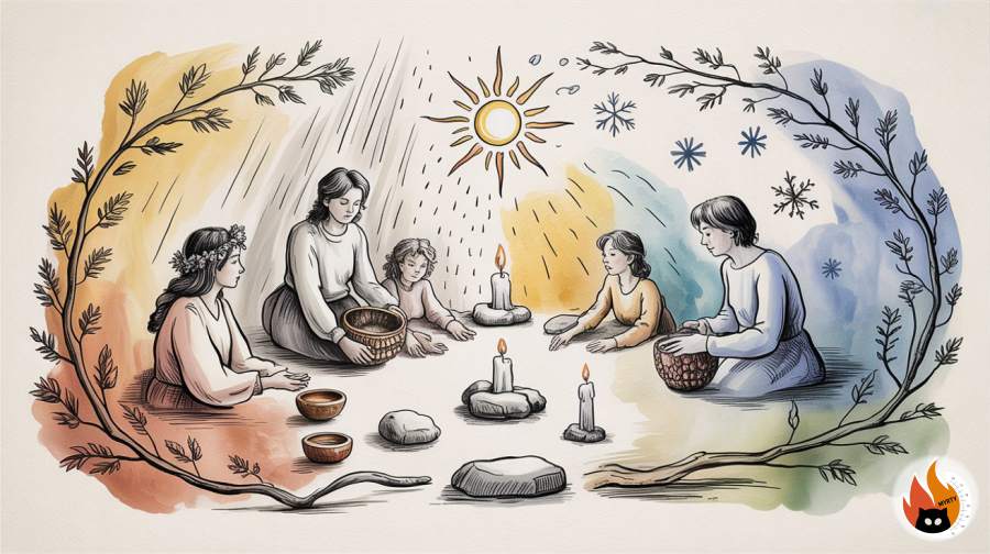 Traditional weather rituals from various cultures depicted through symbolic elements like candles, crystals and natural objects under different weather conditions - www.myrty.eu
