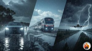 Various modes of transport in different weather conditions - car in rain, train in snow, aircraft in stormy weather - www.myrty.eu