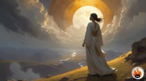 A woman in traditional clothing looking up at a stormy sky whilst modern weather satellites are visible in the background - symbolising the contrast between spiritual weather practices and scientific meteorology - www.myrty.eu