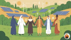 Diverse group of faith communities from different religions standing together in a circle holding hands, surrounded by green nature and solar panels, symbolising unity in climate action through faith - www.myrty.eu